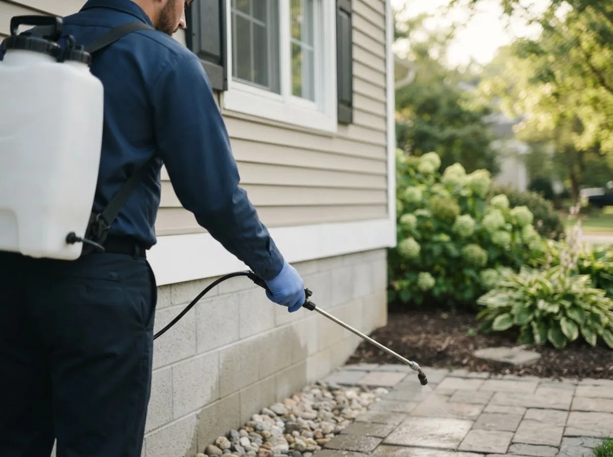 Pest control technician inspecting a home in Cramerton, NC